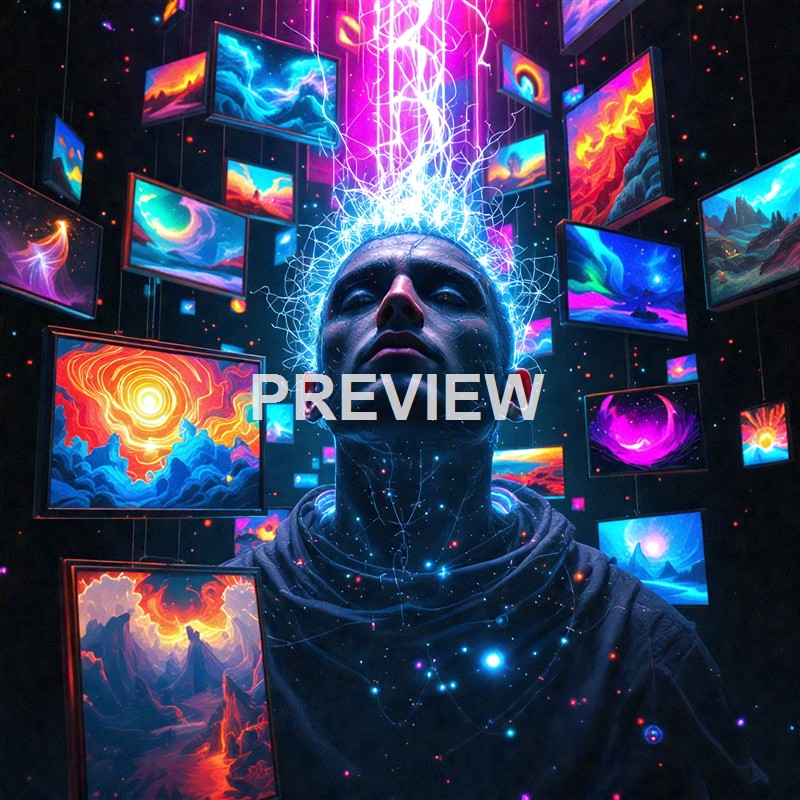 A person with a serious expression is surrounded by numerous colorful, glowing digital screens displaying abstract and cosmic landscapes, with neural-like light patterns emanating from their head.
